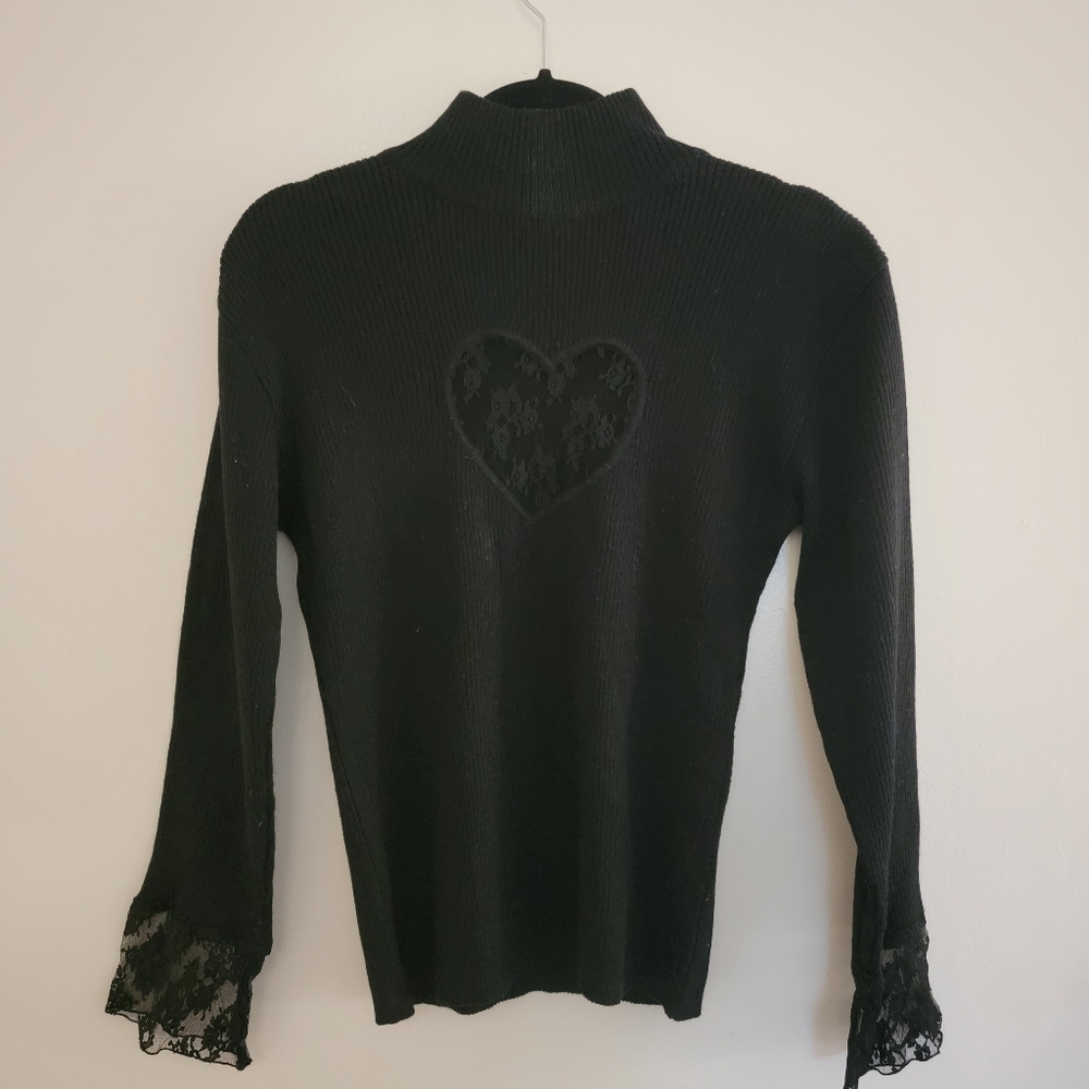 Seda Manoukian Black Turtle Neck Sweater w Lace Heart Sleeves